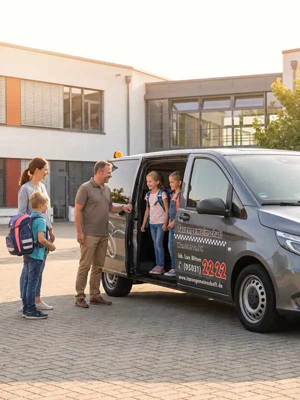 KI-generiert mit Artlist und bearbeitet mit ChatGPT durch KUNDENWACHSTUM.de - Ein Fahrer begrüßt mehrere Schulkinder am Kleinbus, während Eltern den sicheren Schülertransport vor der Schule begleiten.